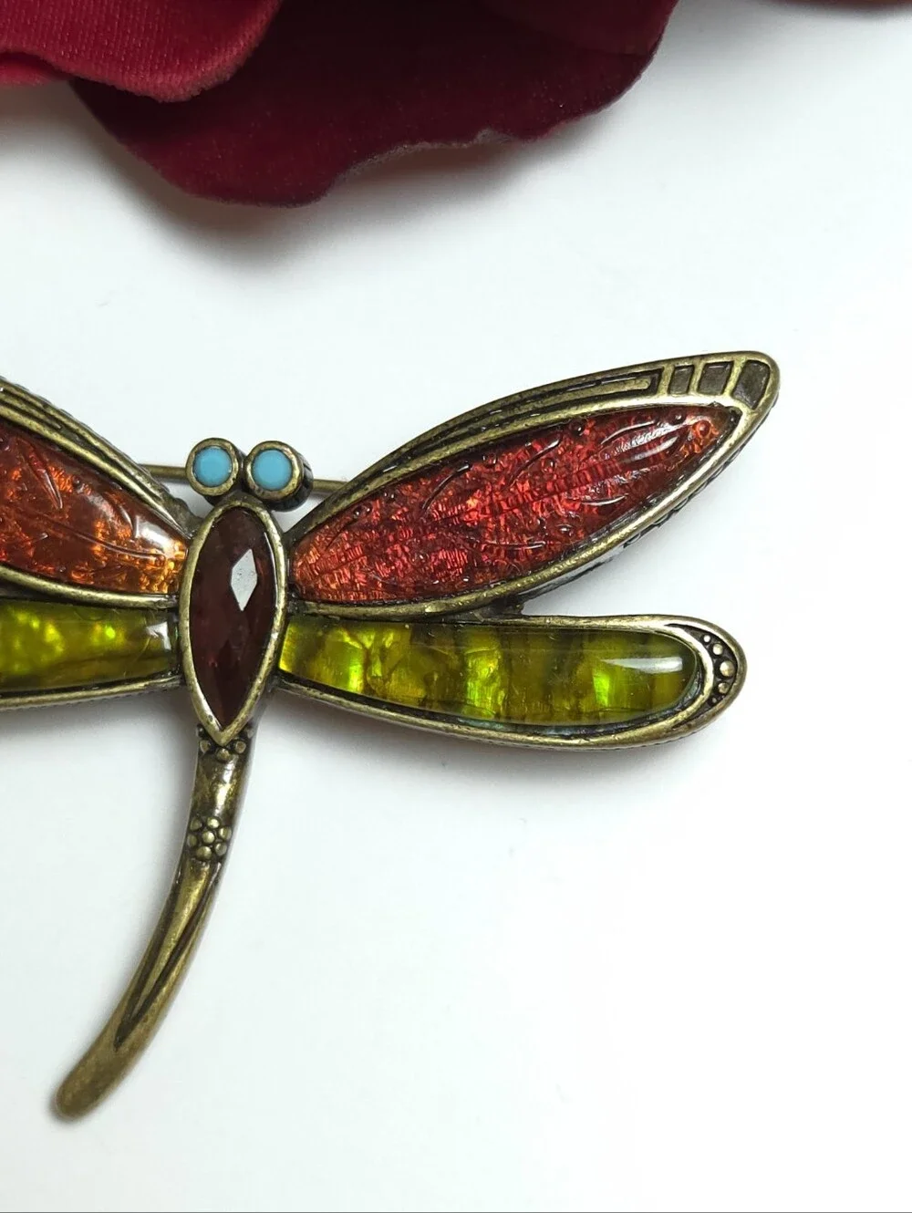 Vintage Liz Claiborne Red Lucite & Abalone Dragon Fly Brooch Antiqued Gold